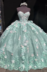 Charmantes trägerloses Ballkleid mit Spitzenapplikationen, grünes A-Linien-Geburtstagskleid für Quinceanera Y8246